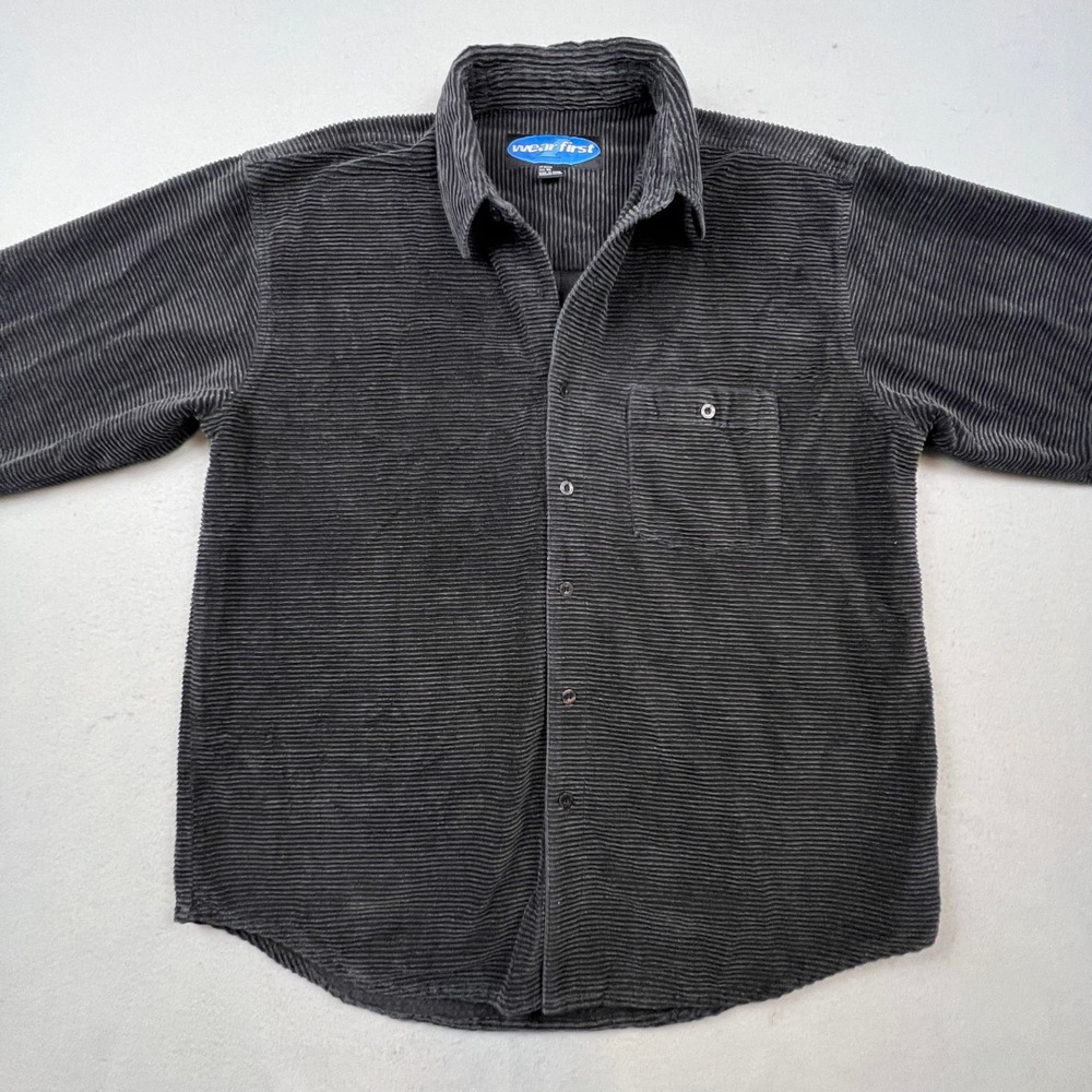 Wear First Corduroy Shirt Men XL Gray Horizontal Ribbed Long Sleeve Casual Retro